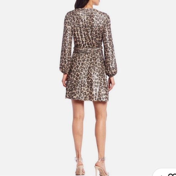🍁Gianni Bini Brown Sequin Wrap Dress Long Sleeve V-Neck - Picture 2 of 5